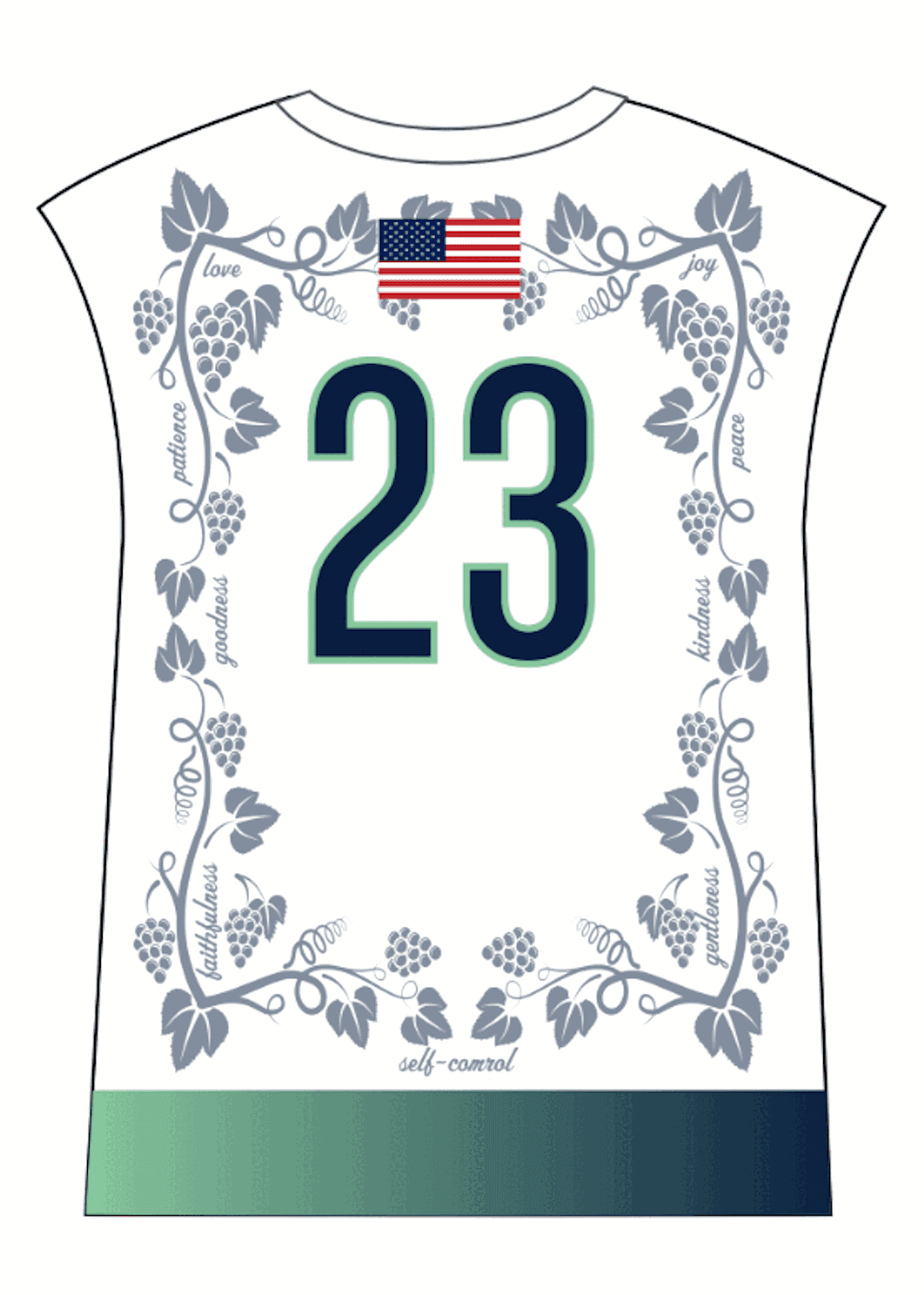 Back of the TVA jersey, vines and fruits of the Spirit framing the player number