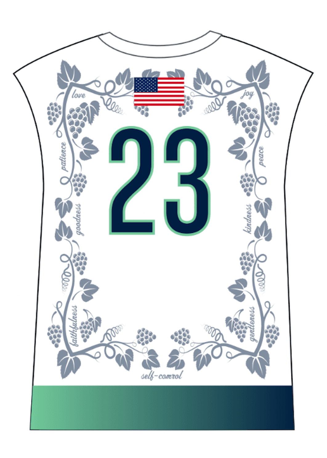 Back of the TVA jersey, vines and fruits of the Spirit framing the player number